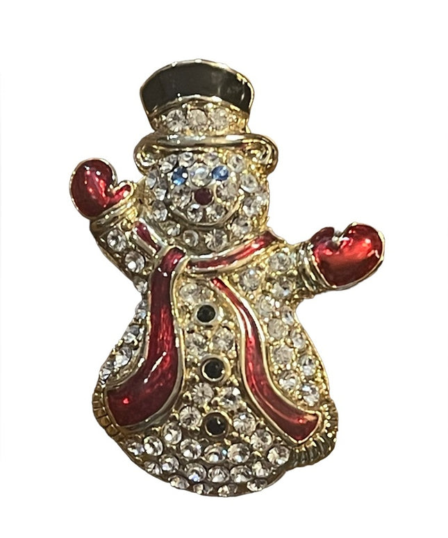 Vintage Monet rhinestone swarovski crystal enameled snowman brooch gold finish