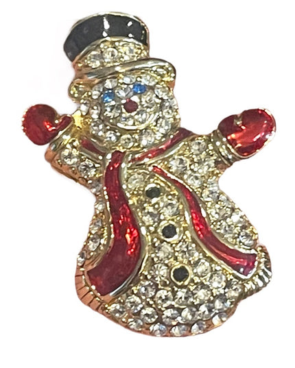 Vintage Monet rhinestone swarovski crystal enameled snowman brooch gold finish