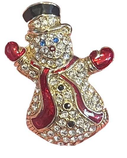 Vintage Monet rhinestone swarovski crystal enameled snowman brooch gold finish