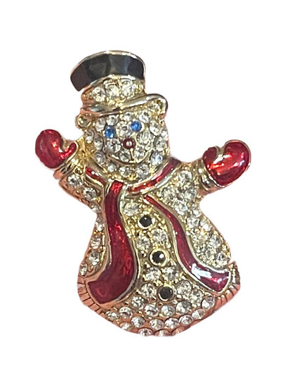 Vintage Monet rhinestone swarovski crystal enameled snowman brooch gold finish