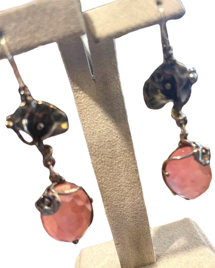 Sterling silver 925 Fancy Rose quartz stone Flower Dangle earrings