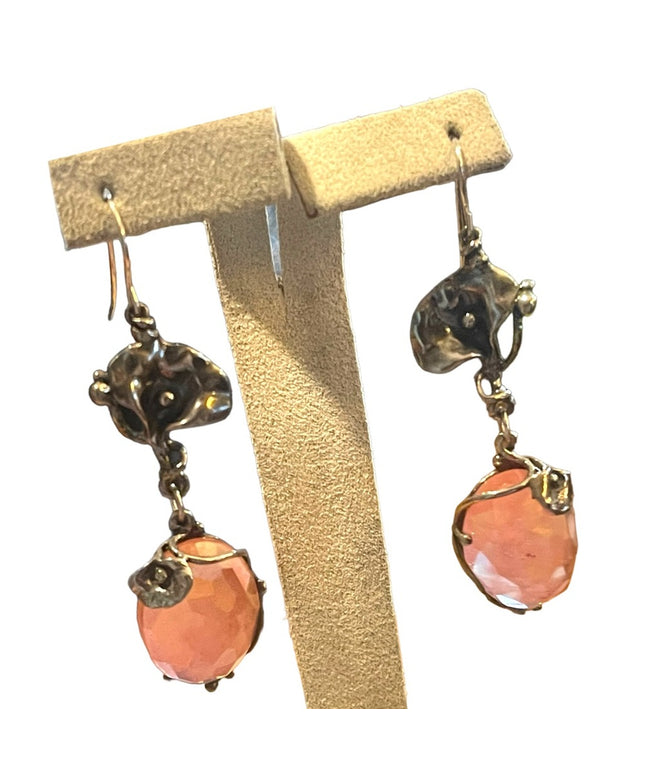 Sterling silver 925 Fancy Rose quartz stone Flower Dangle earrings