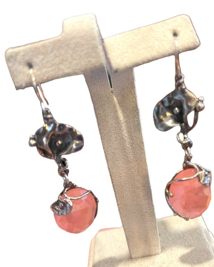Sterling silver 925 Fancy Rose quartz stone Flower Dangle earrings