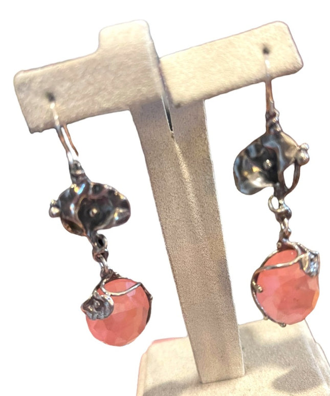Sterling silver 925 Fancy Rose quartz stone Flower Dangle earrings