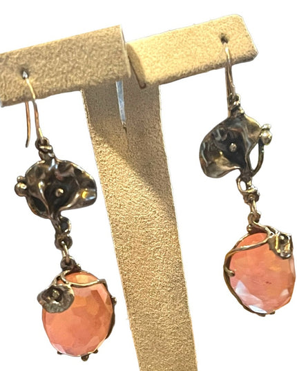 Sterling silver 925 Fancy Rose quartz stone Flower Dangle earrings