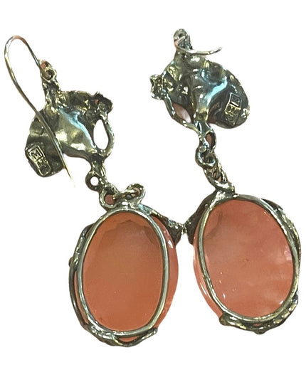 Sterling silver 925 Fancy Rose quartz stone Flower Dangle earrings