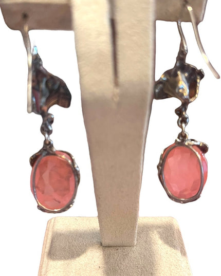 Sterling silver 925 Fancy Rose quartz stone Flower Dangle earrings