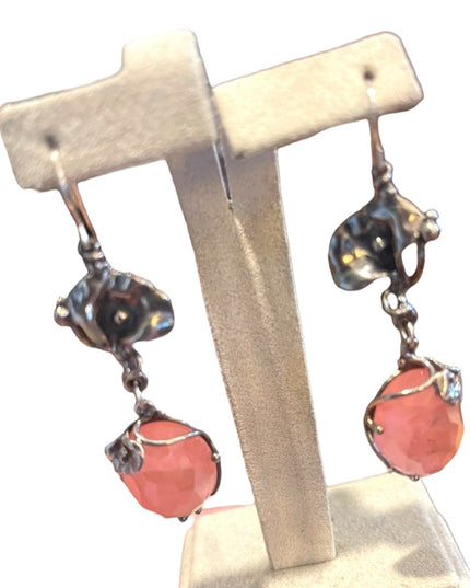Sterling silver 925 Fancy Rose quartz stone Flower Dangle earrings