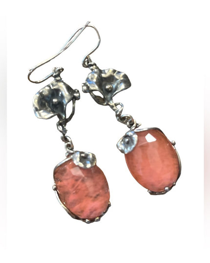 Sterling silver 925 Fancy Rose quartz stone Flower Dangle earrings