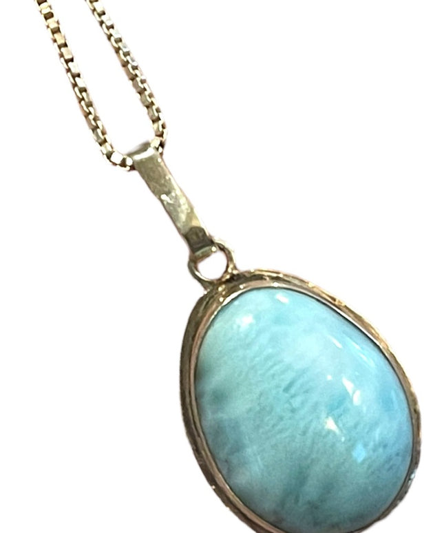 Sterling silver 925 Larimar blue stone fancy tear drop pendant necklace