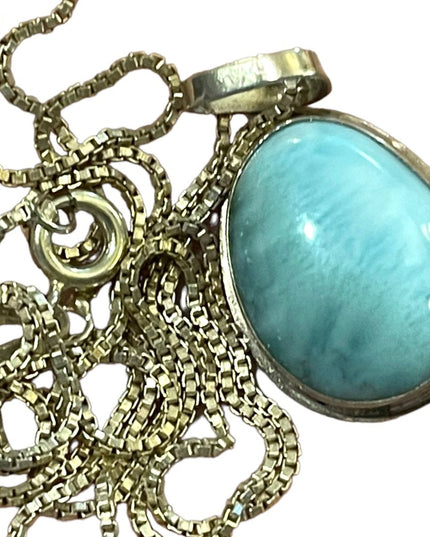 Sterling silver 925 Larimar blue stone fancy tear drop pendant necklace