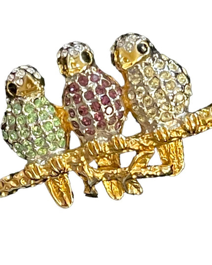 Vintage gold finish Butler rhinestone Swarovski crystal BIRDS on branch brooch