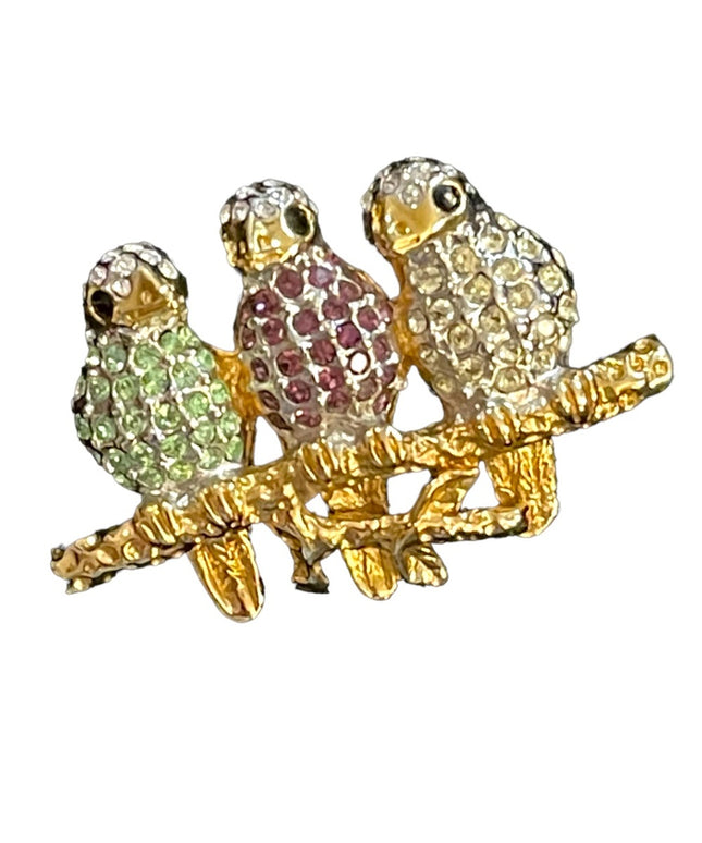 Vintage gold finish Butler rhinestone Swarovski crystal BIRDS on branch brooch