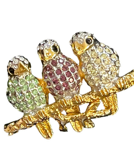 Vintage gold finish Butler rhinestone Swarovski crystal BIRDS on branch brooch