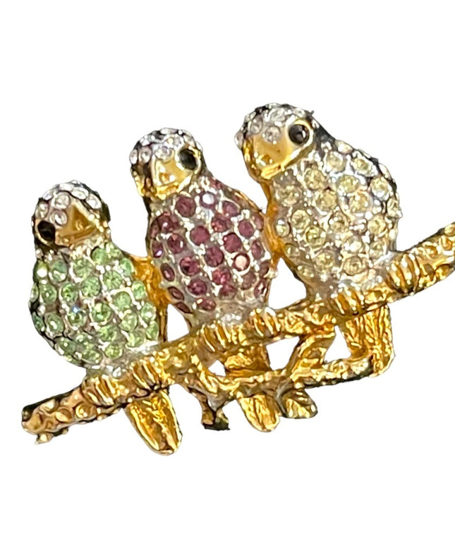 Vintage gold finish Butler rhinestone Swarovski crystal BIRDS on branch brooch