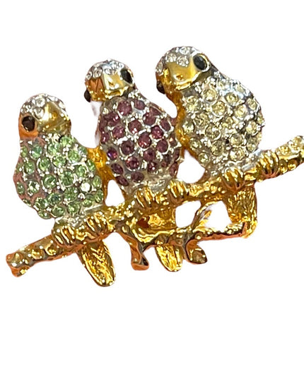 Vintage gold finish Butler rhinestone Swarovski crystal BIRDS on branch brooch