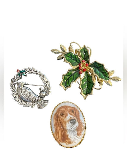 LOT of 3 pcs Christmas bird flower dog brooch retriever holly robin vintage