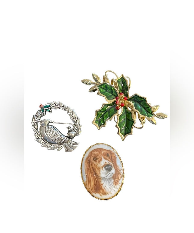 LOT of 3 pcs Christmas bird flower dog brooch retriever holly robin vintage