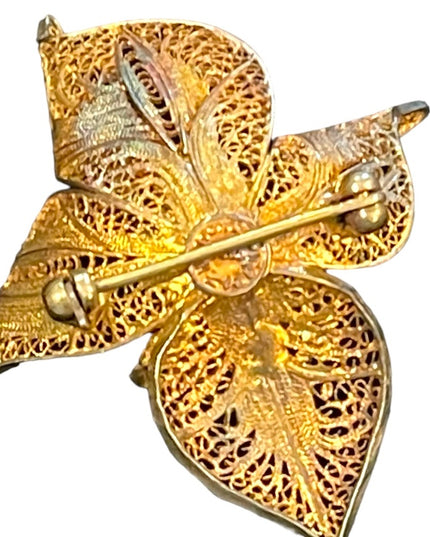 Vintage Topazi Portugual gold plated 925 Sterling flower filagree brooch
