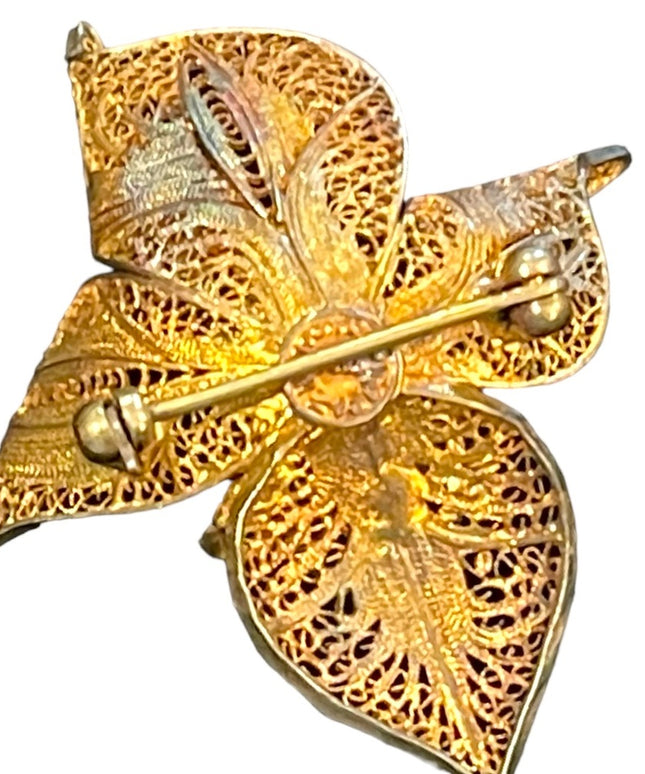 Vintage Topazi Portugual gold plated 925 Sterling flower filagree brooch
