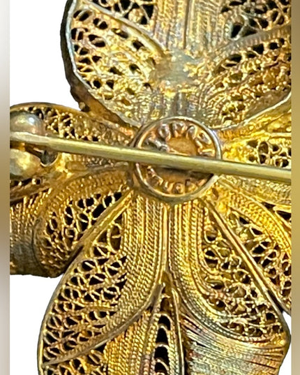 Vintage Topazi Portugual gold plated 925 Sterling flower filagree brooch