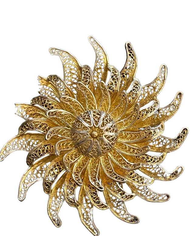 Vintage Ornate 800 Silver filagree starburst large flower brooch