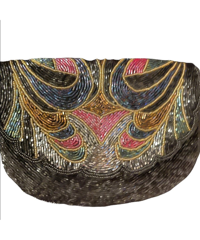 Vintage  1980s vintage black multi color mico bead evening bag clutch