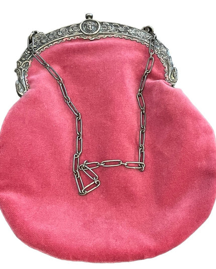 Victorian Antique Pink velvet Medusa Silver kiss lock wristlet