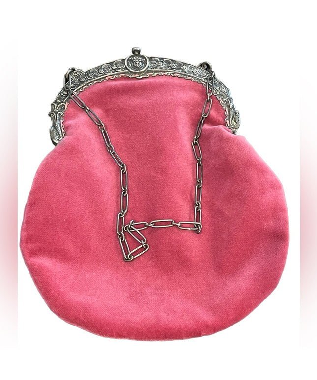 Victorian Antique Pink velvet Medusa Silver kiss lock wristlet
