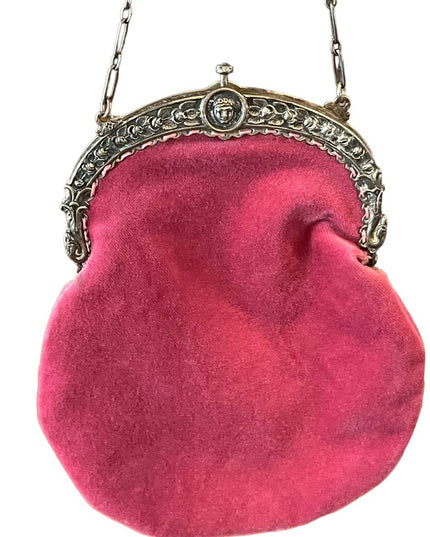 Victorian Antique Pink velvet Medusa Silver kiss lock wristlet