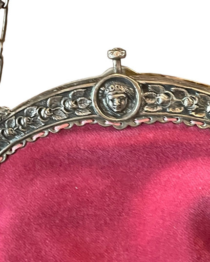 Victorian Antique Pink velvet Medusa Silver kiss lock wristlet