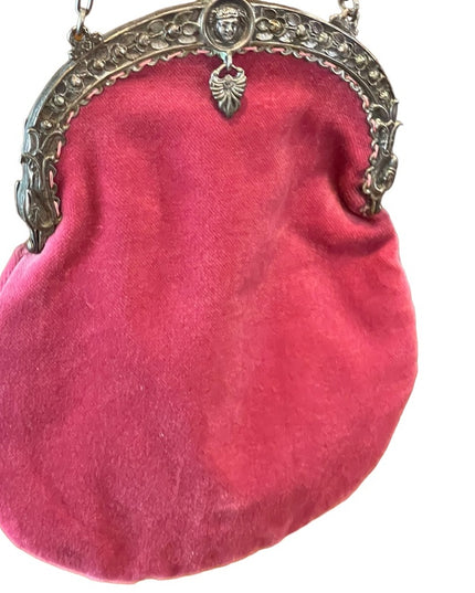 Victorian Antique Pink velvet Medusa Silver kiss lock wristlet