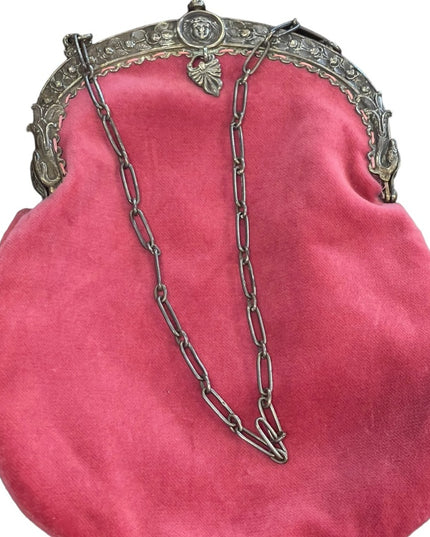 Victorian Antique Pink velvet Medusa Silver kiss lock wristlet