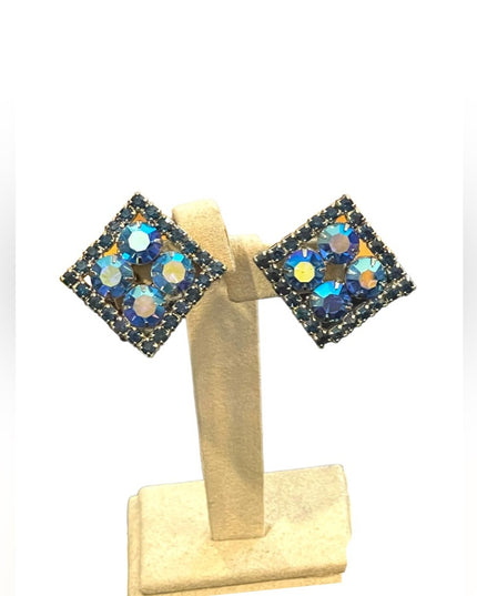 Vintage 1960s Blue crystal AB Square fancy party clip ons