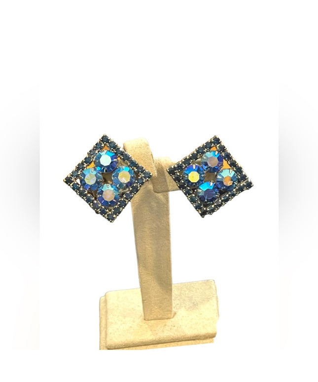 Vintage 1960s Blue crystal AB Square fancy party clip ons