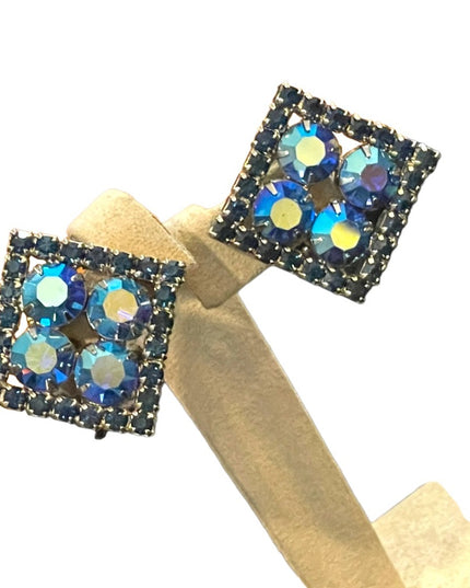 Vintage 1960s Blue crystal AB Square fancy party clip ons