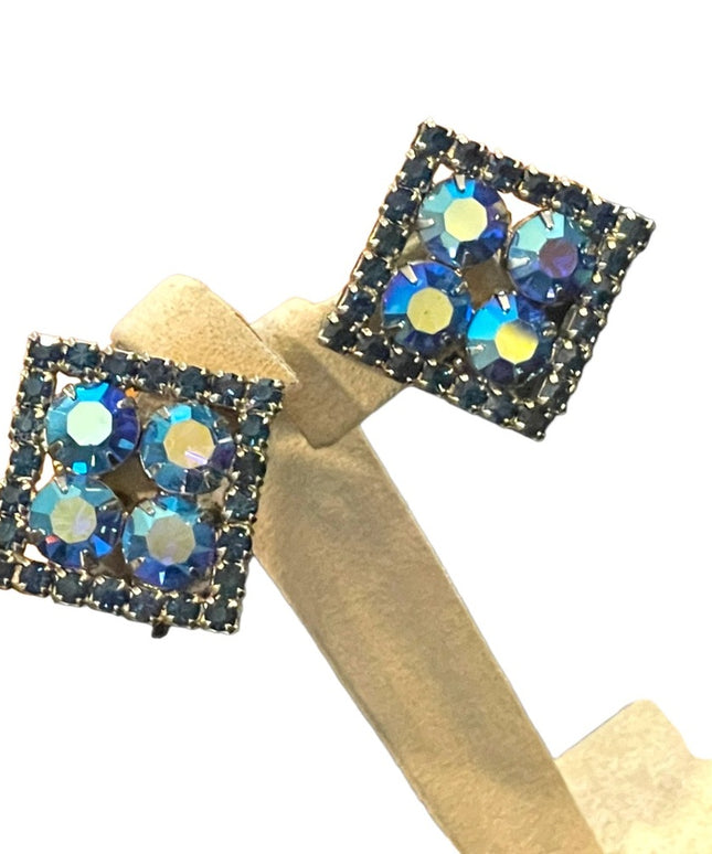 Vintage 1960s Blue crystal AB Square fancy party clip ons