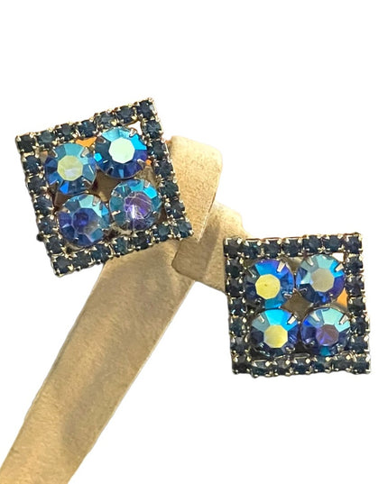 Vintage 1960s Blue crystal AB Square fancy party clip ons
