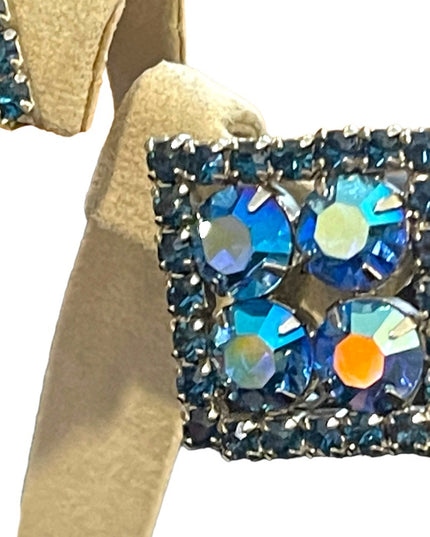 Vintage 1960s Blue crystal AB Square fancy party clip ons