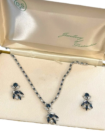 Vintage Sapphire blue clear crystal SHERMAN Demi Parure Necklace earrings