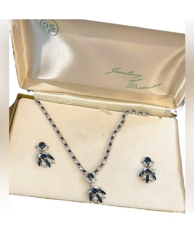 Vintage Sapphire blue clear crystal SHERMAN Demi Parure Necklace earrings