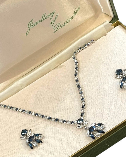 Vintage Sapphire blue clear crystal SHERMAN Demi Parure Necklace earrings