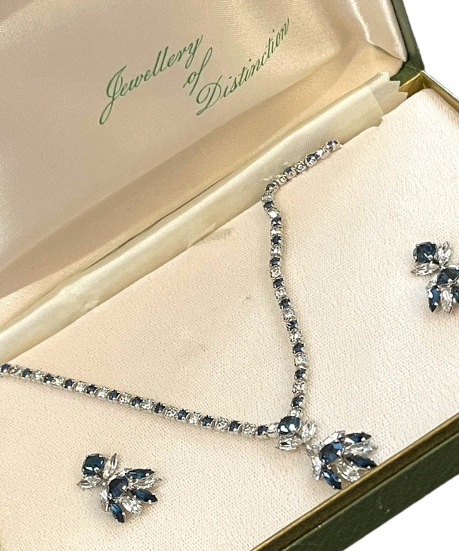 Vintage Sapphire blue clear crystal SHERMAN Demi Parure Necklace earrings