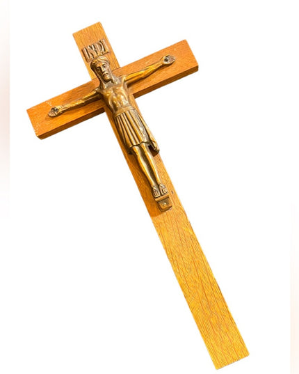 Vintage wood & copper Crucifix Jesus Religious