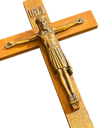 Vintage wood & copper Crucifix Jesus Religious