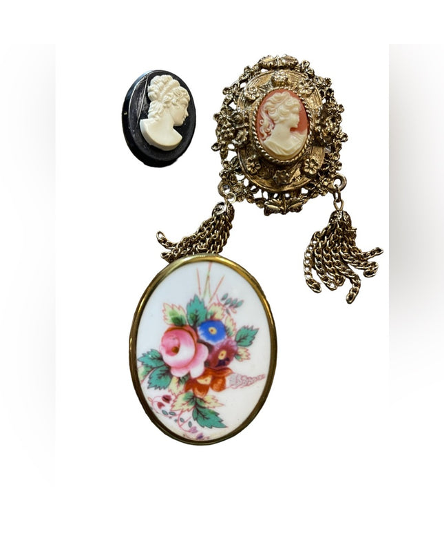Lot of VINTAGE Fancy Cameos brooches Gold finish resin ceramic
