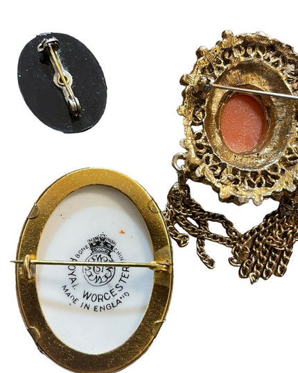 Lot of VINTAGE Fancy Cameos brooches Gold finish resin ceramic