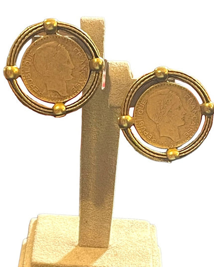 Vintage French COIN Chunky disc Gold finish clip on earrings Runway