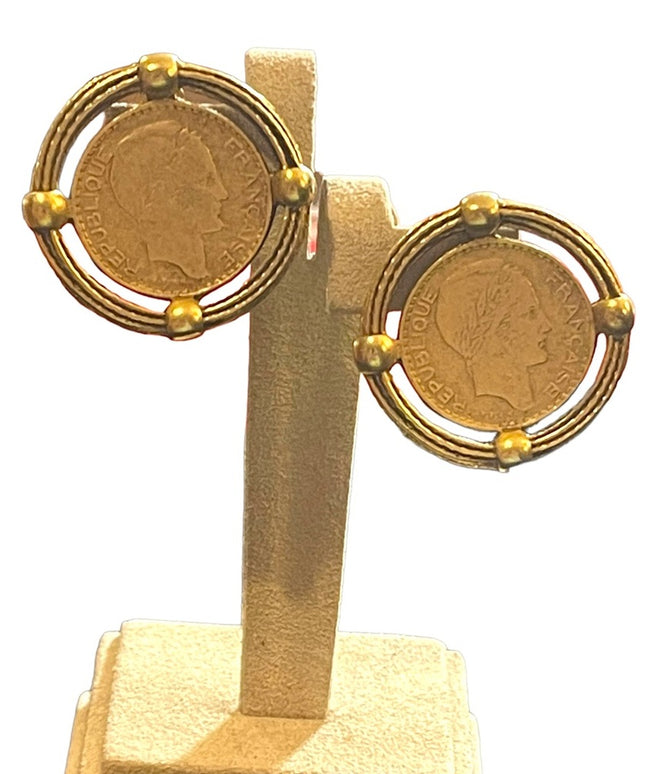 Vintage French COIN Chunky disc Gold finish clip on earrings Runway