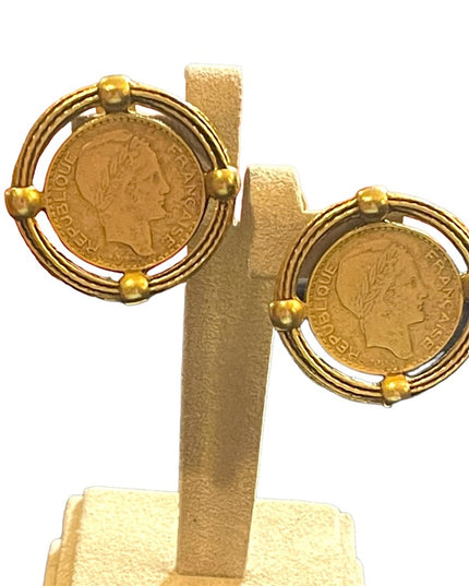 Vintage French COIN Chunky disc Gold finish clip on earrings Runway